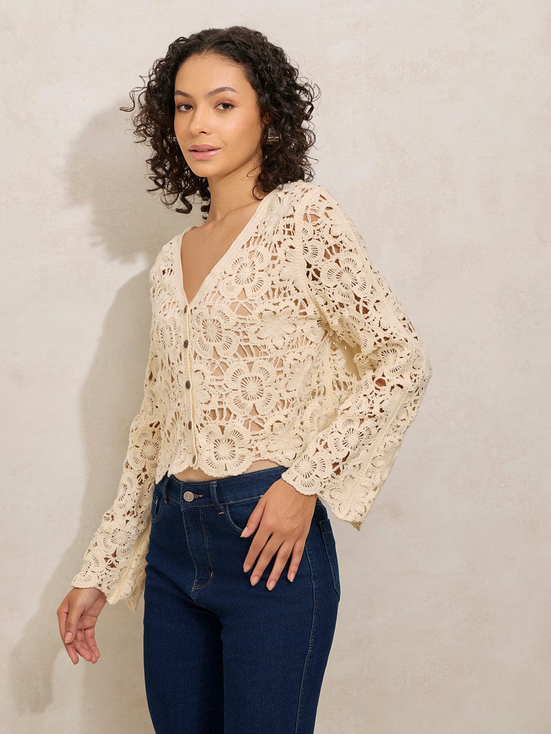Women's Crochet Beige V-Neck Full Sleeves Top with Buttons