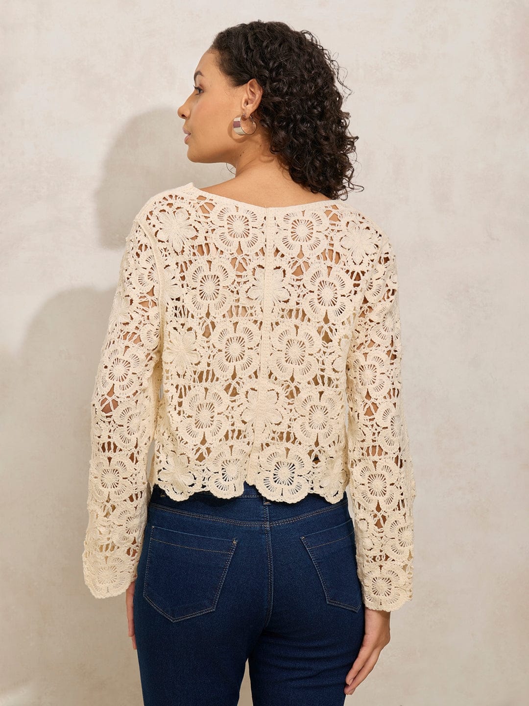 Women's Crochet Beige V-Neck Full Sleeves Top with Buttons