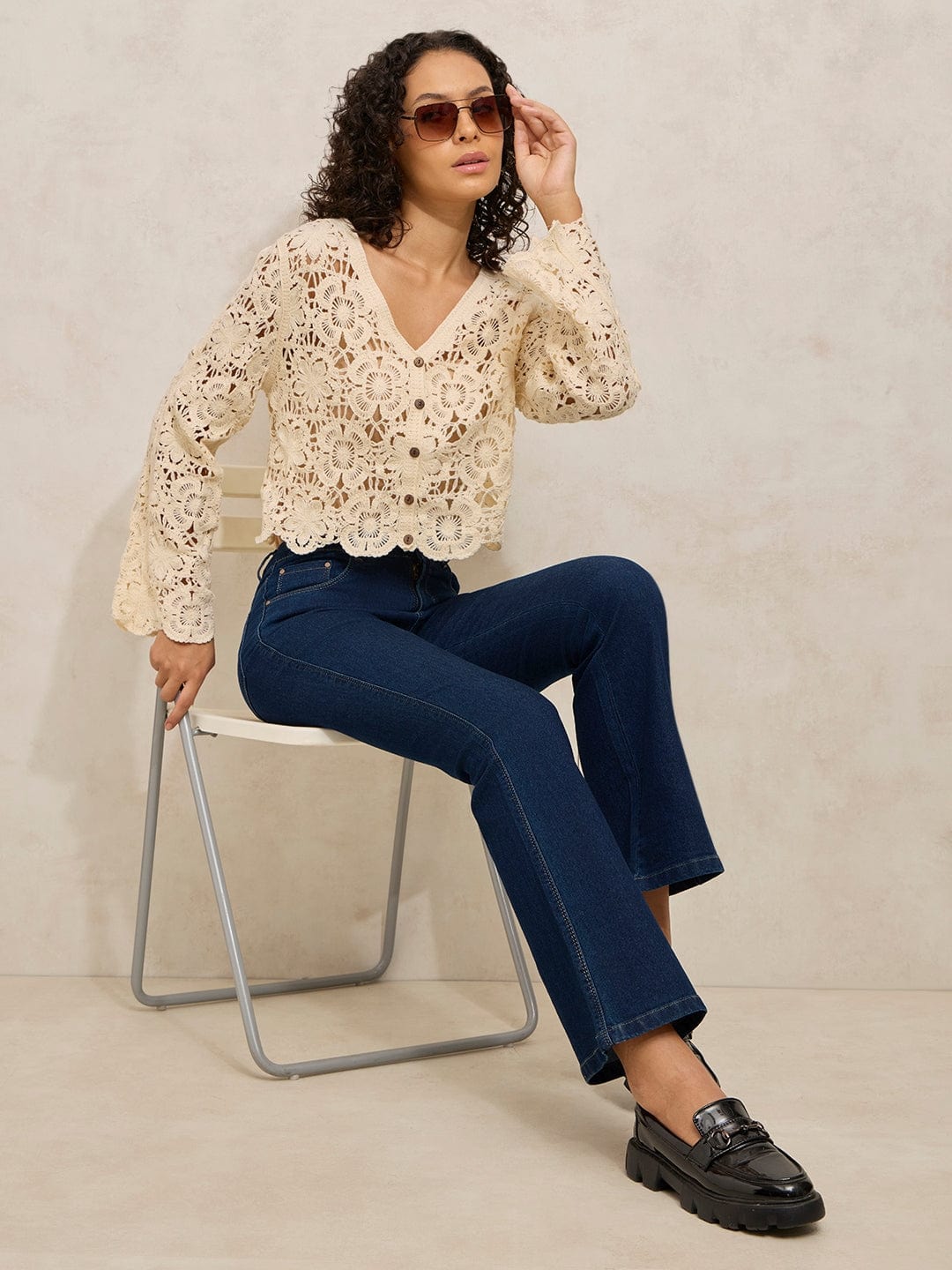 Women's Crochet Beige V-Neck Full Sleeves Top with Buttons