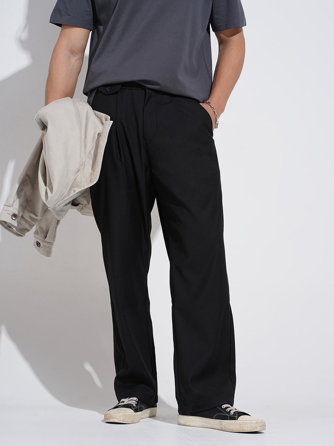 Men's Black Pleated Straight Fit Trousers with Pocket Detail