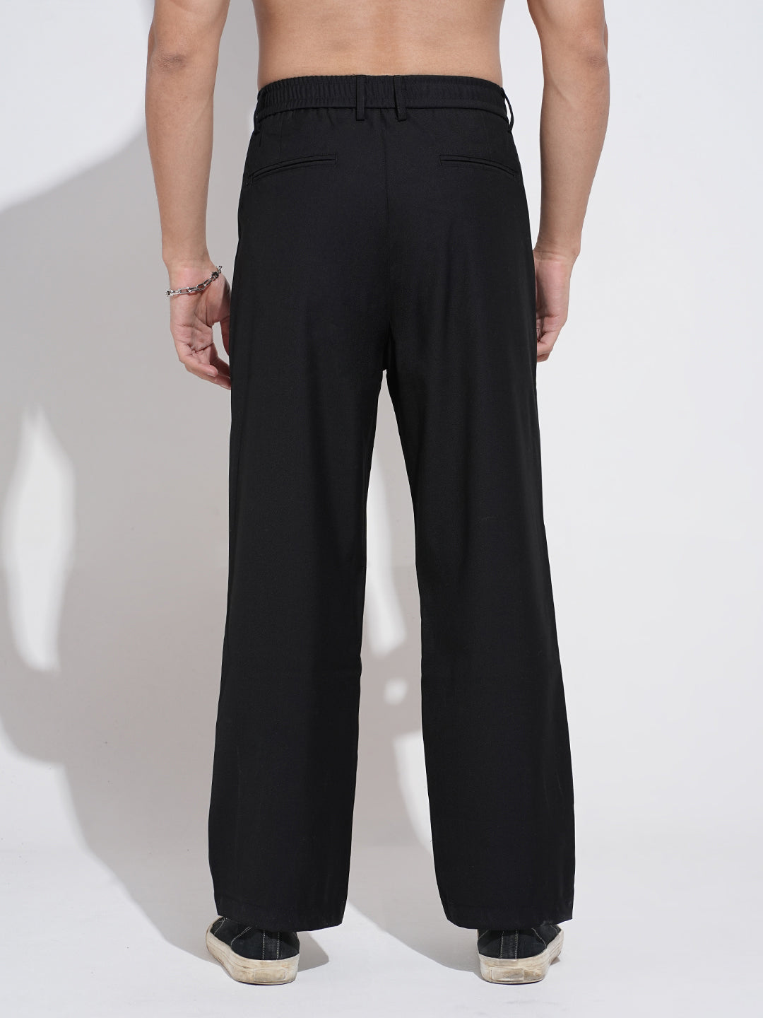 Men's Black Pleated Straight Fit Trousers with Pocket Detail