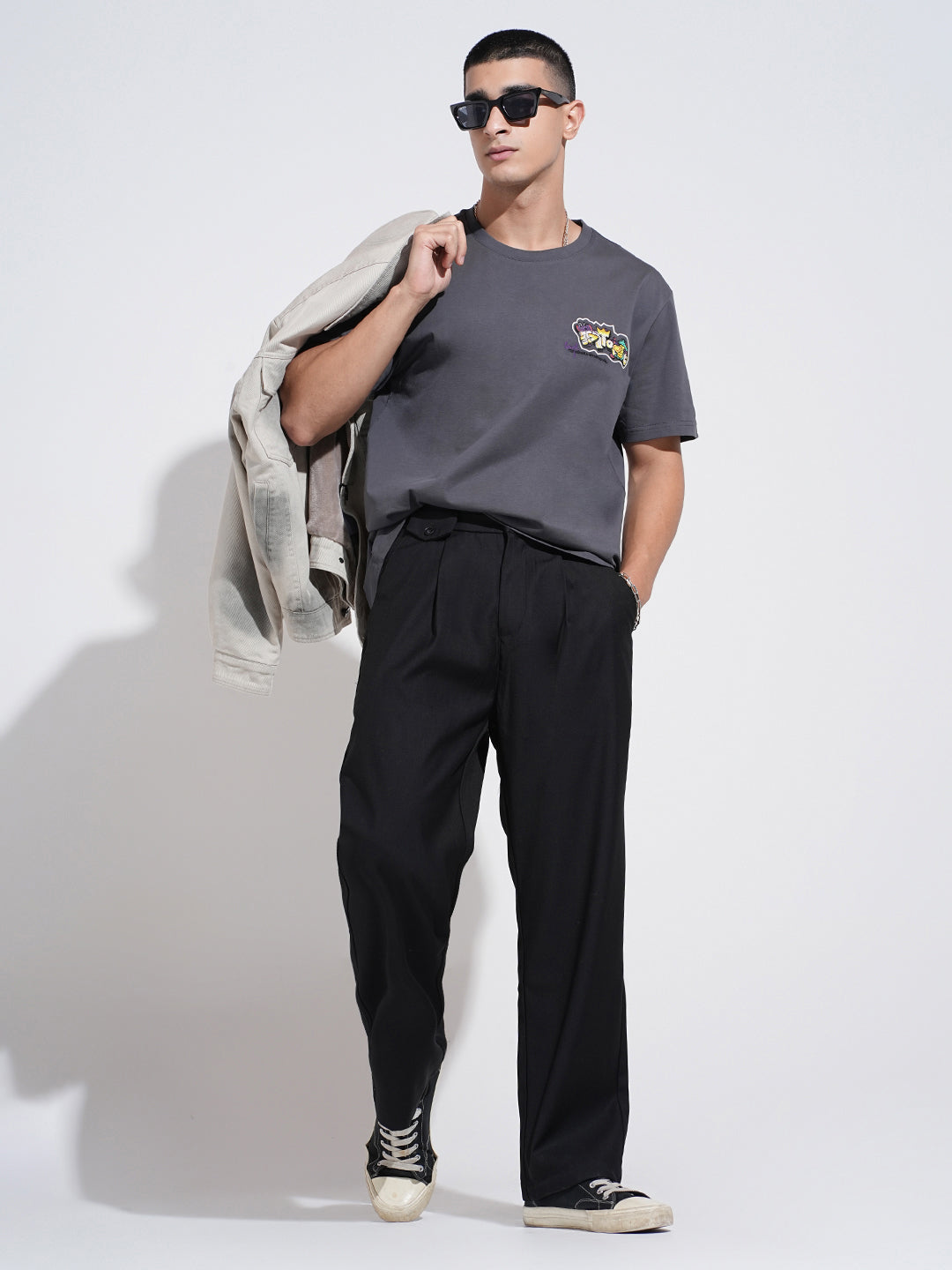 Men's Black Pleated Straight Fit Trousers with Pocket Detail