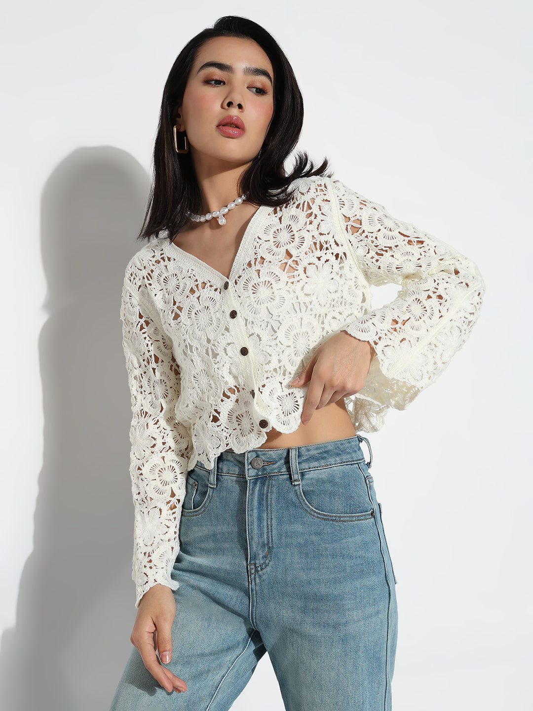 Women V-Neck Cream Floral Sheer Top