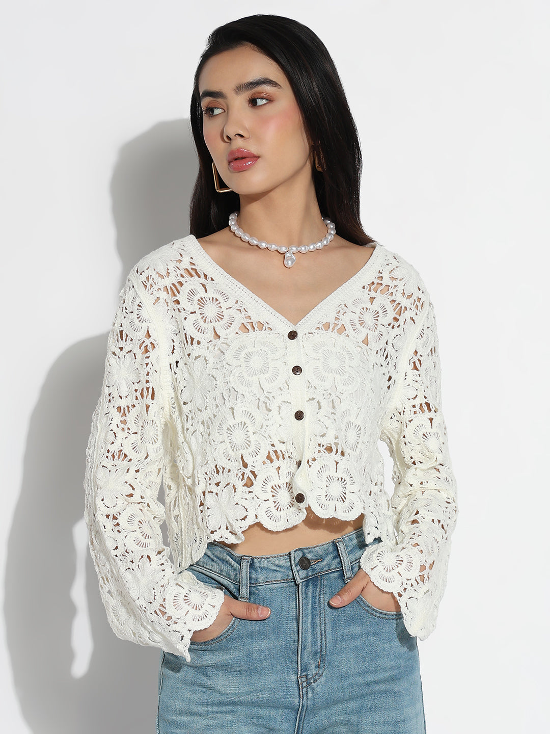 Women V-Neck Cream Floral Sheer Top