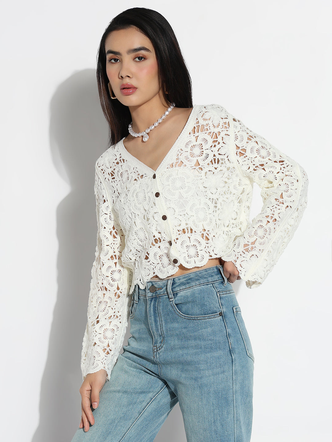 Women V-Neck Cream Floral Sheer Top