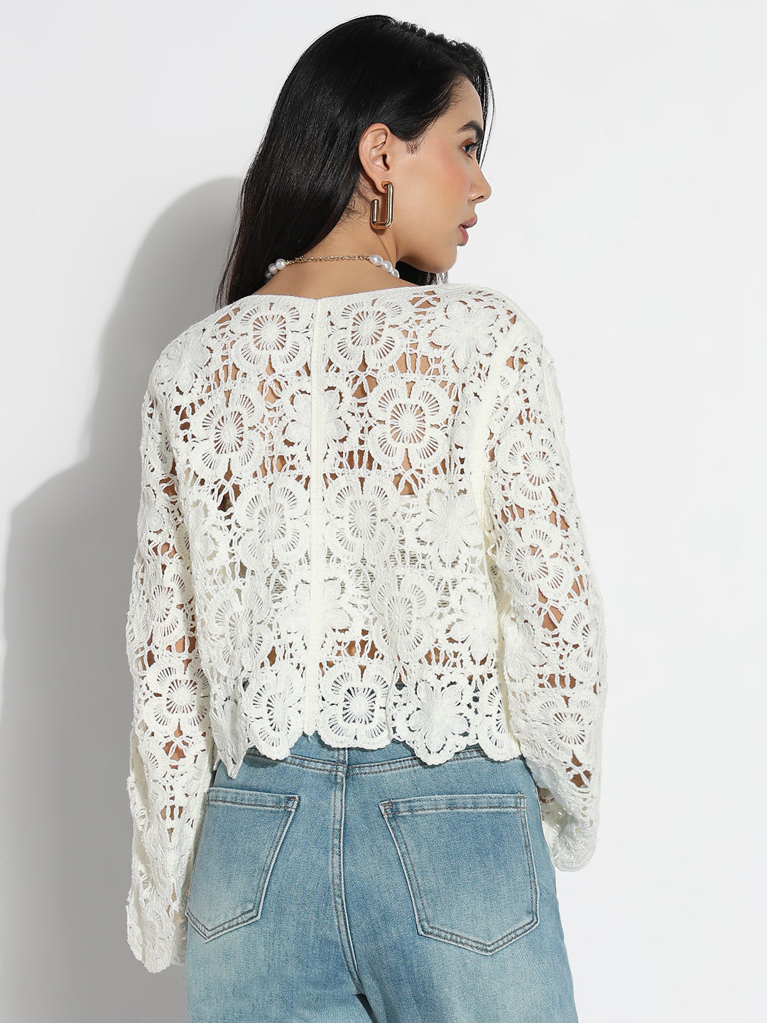 Women V-Neck Cream Floral Sheer Top