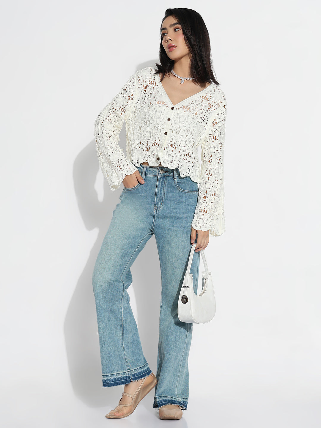 Women V-Neck Cream Floral Sheer Top