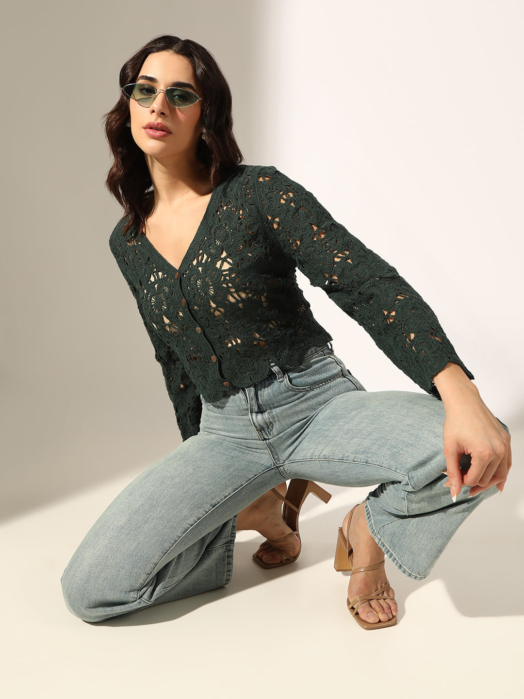 Women's Green Crochet Button Up Top with Scalloped Hem