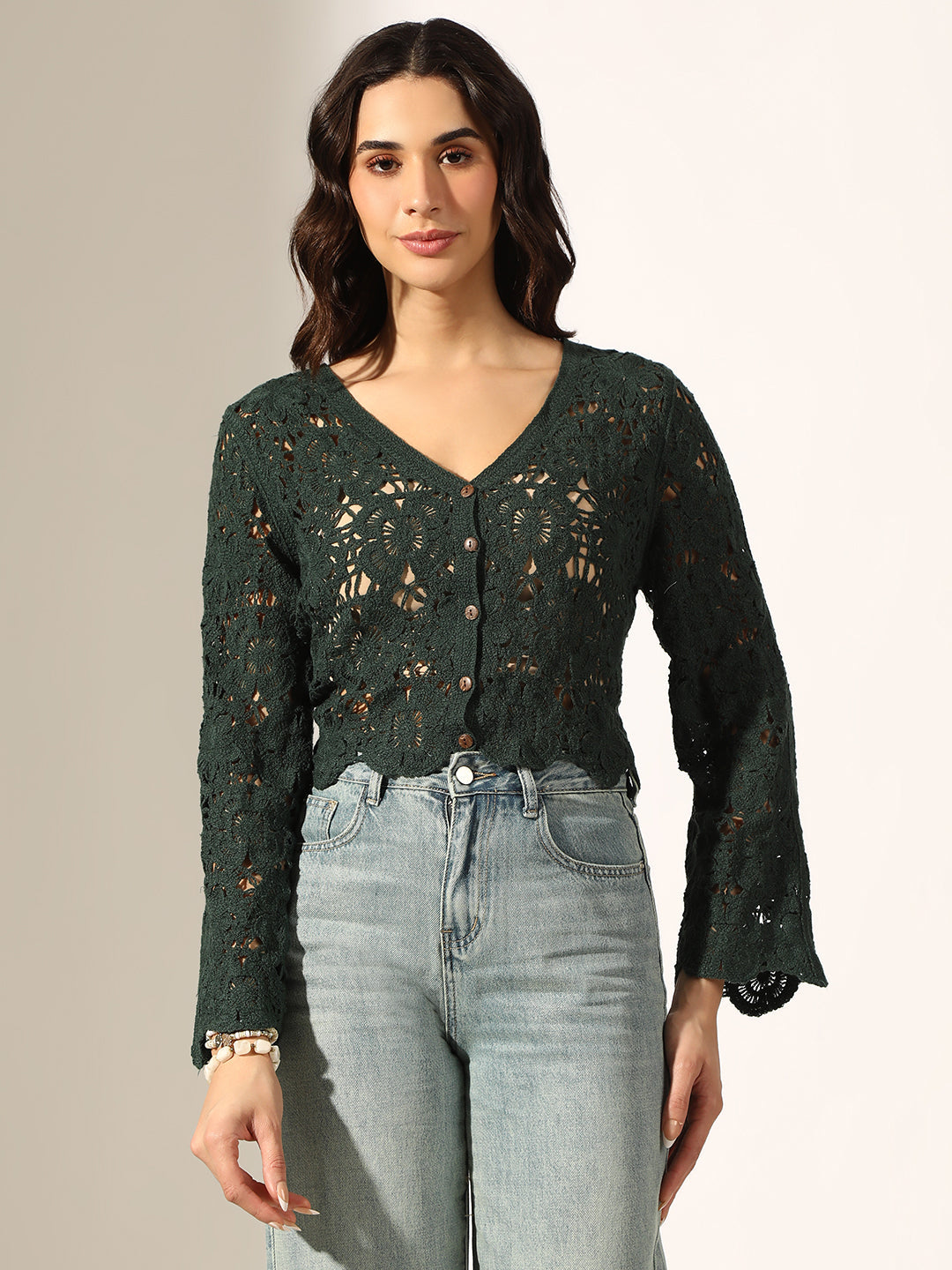 Women's Green Crochet Button Up Top with Scalloped Hem