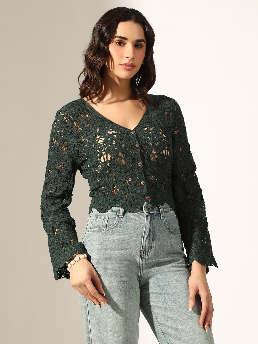 Women's Green Crochet Button Up Top with Scalloped Hem