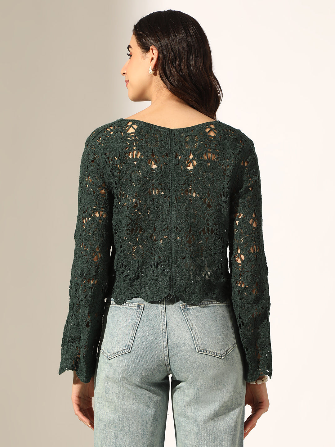 Women's Green Crochet Button Up Top with Scalloped Hem