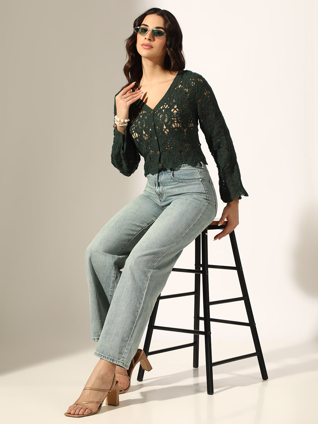 Women's Green Crochet Button Up Top with Scalloped Hem