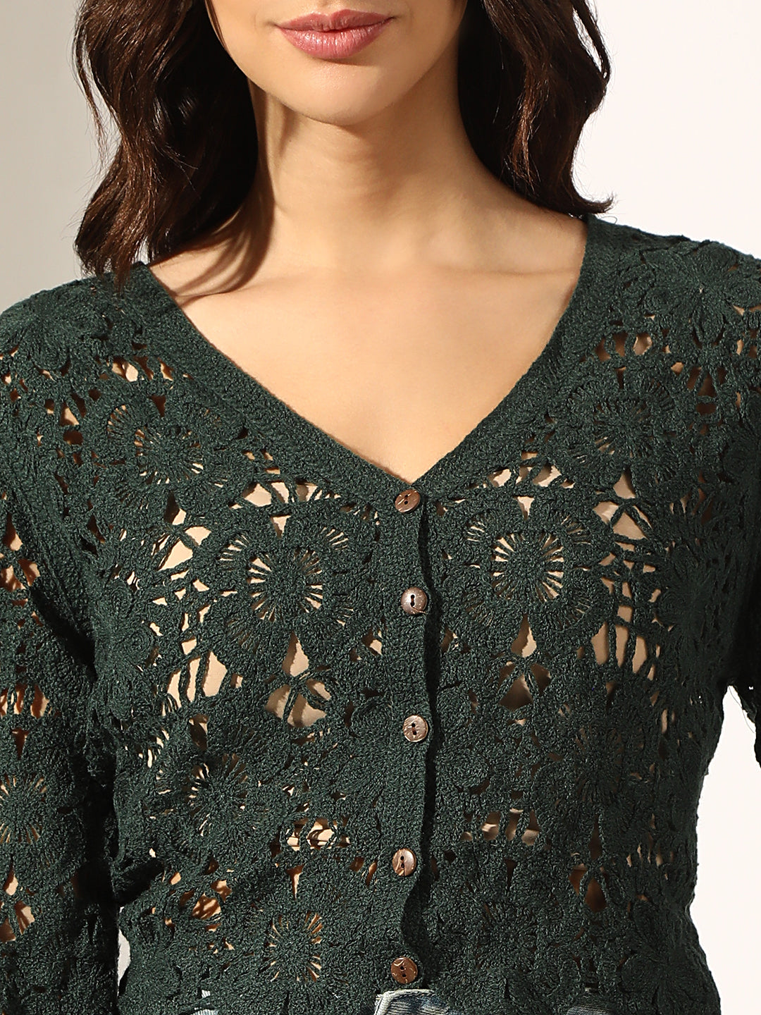 Women's Green Crochet Button Up Top with Scalloped Hem