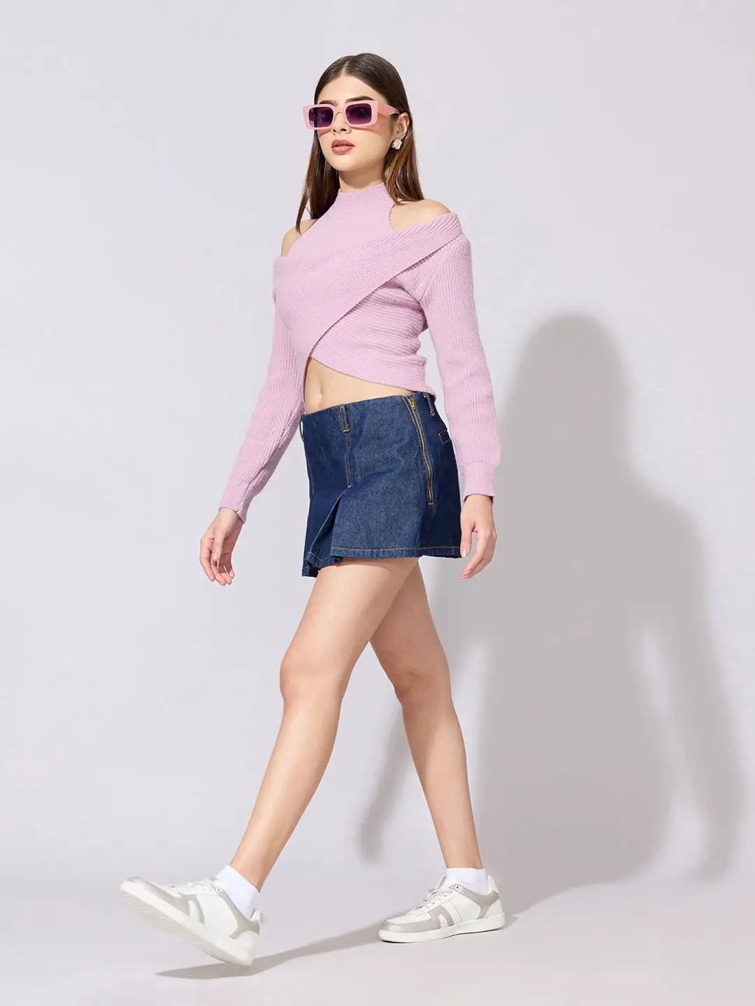 Women's Ribbed Purple Asymmetric Wrap Crop Knit Top