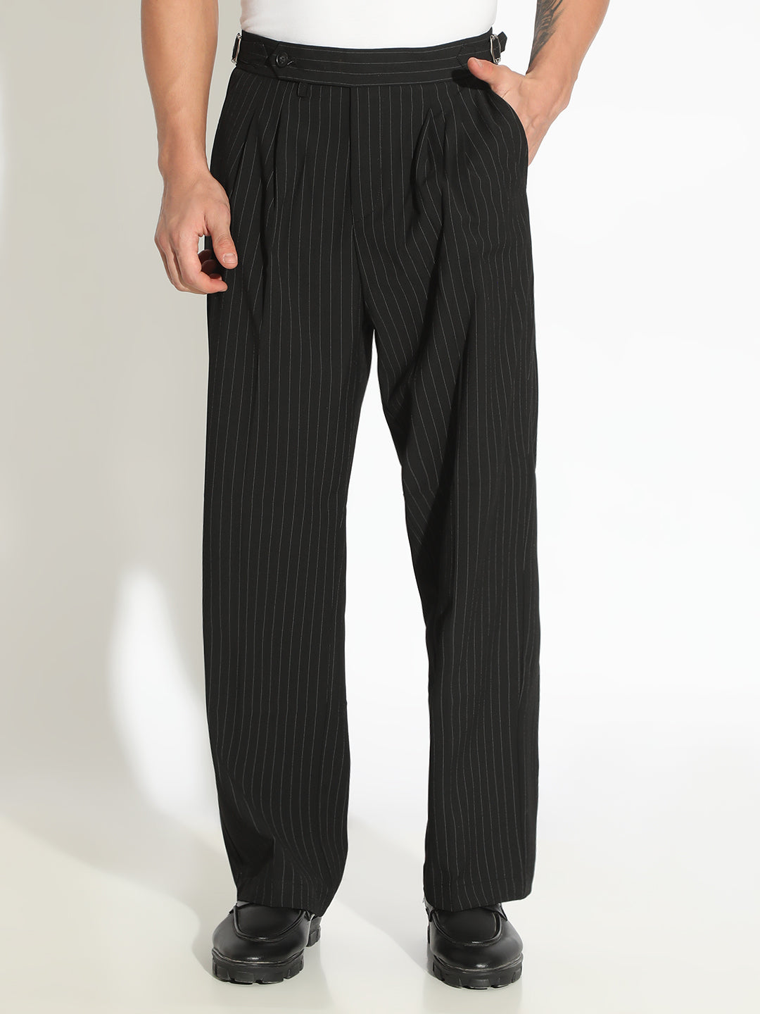 Men's Striped Black Straight Fit Pleated Korean Trousers