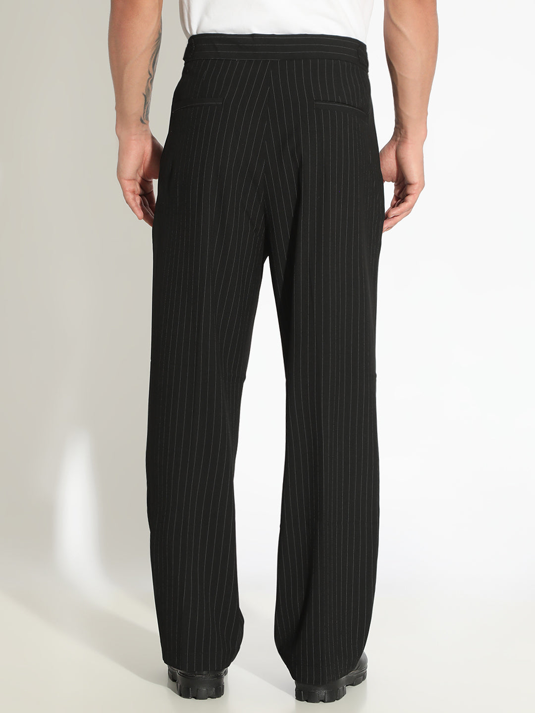 Men's Striped Black Straight Fit Pleated Korean Trousers