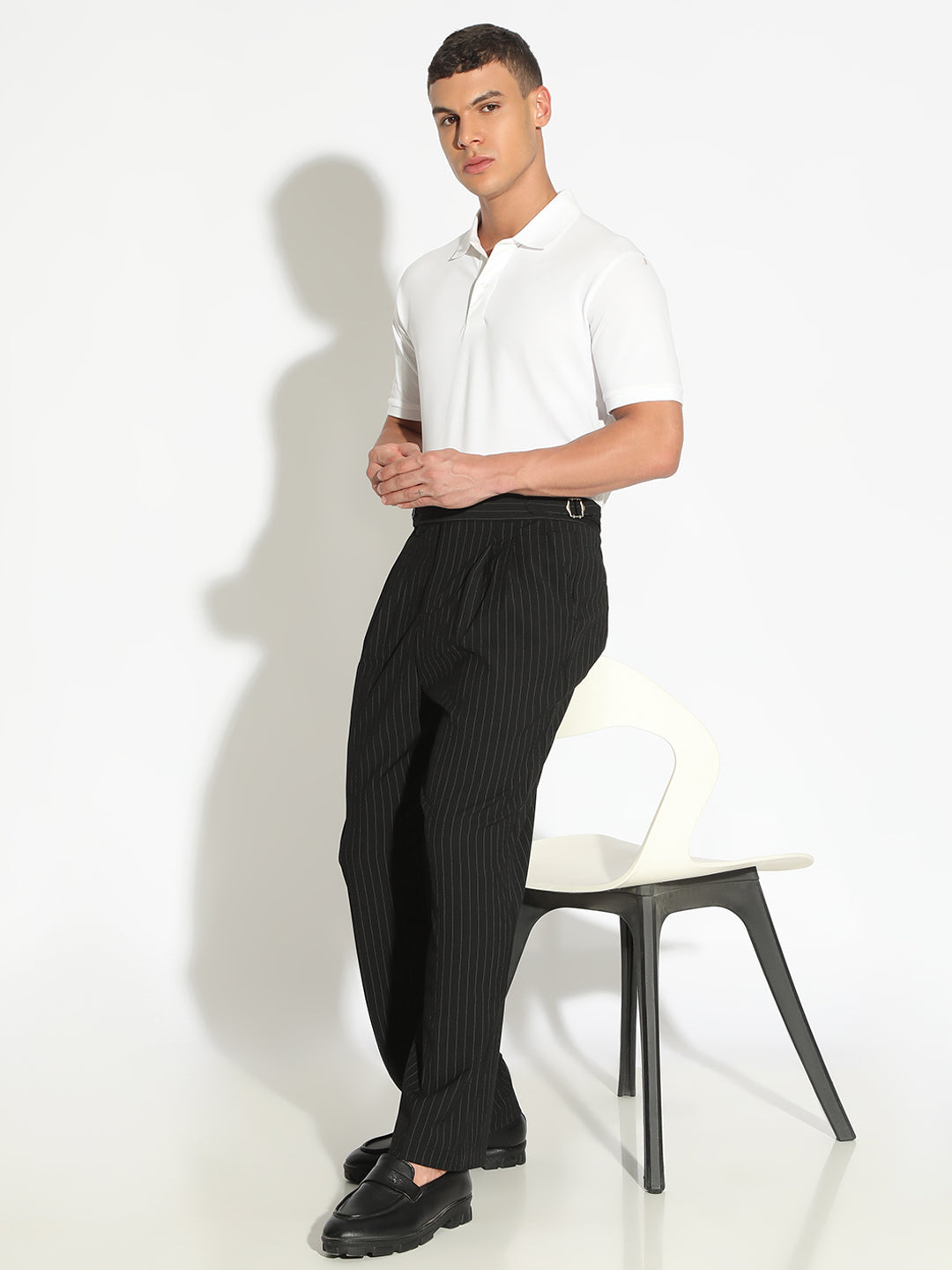 Men's Striped Black Straight Fit Pleated Korean Trousers