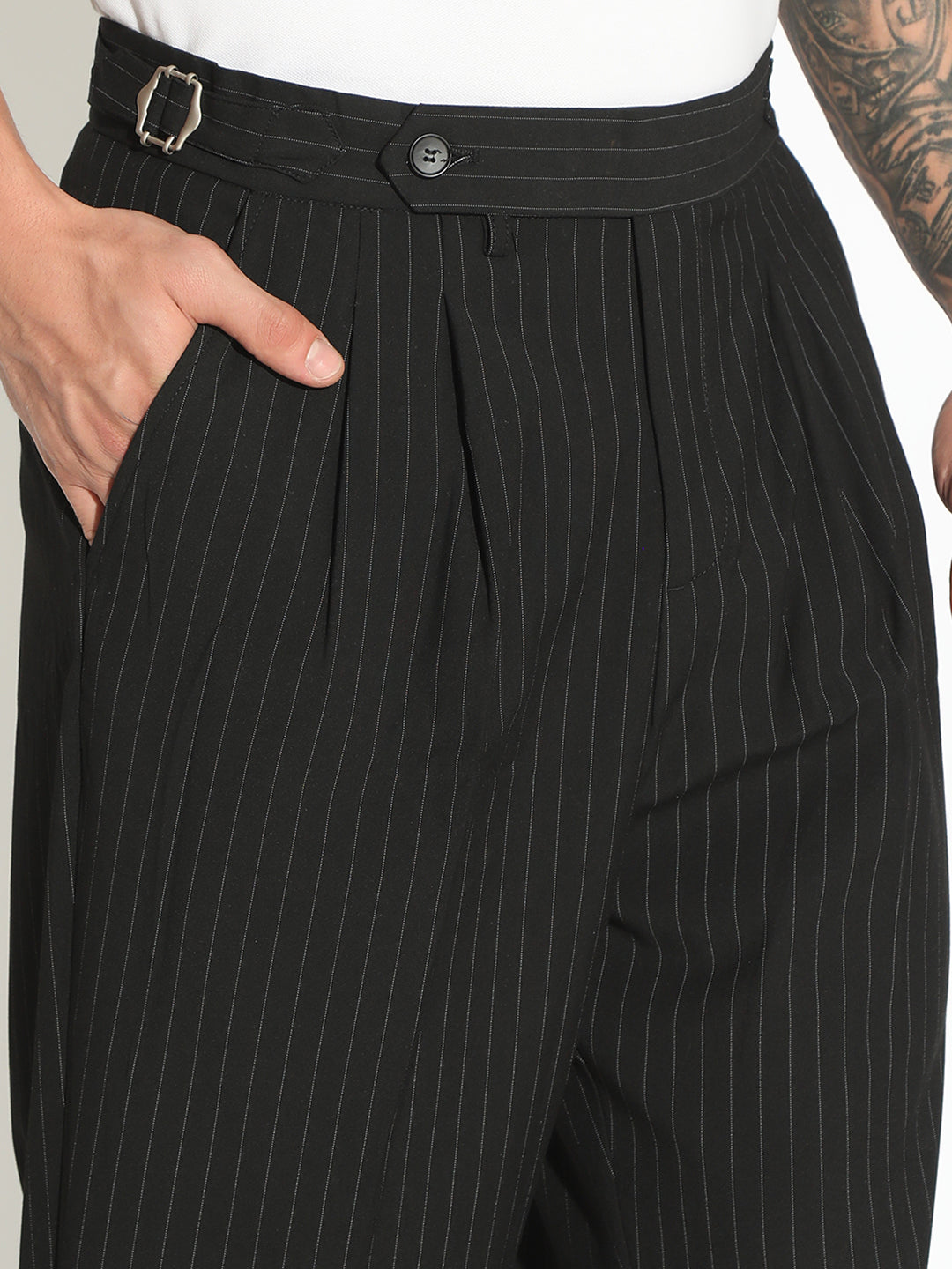 Men's Striped Black Straight Fit Pleated Korean Trousers