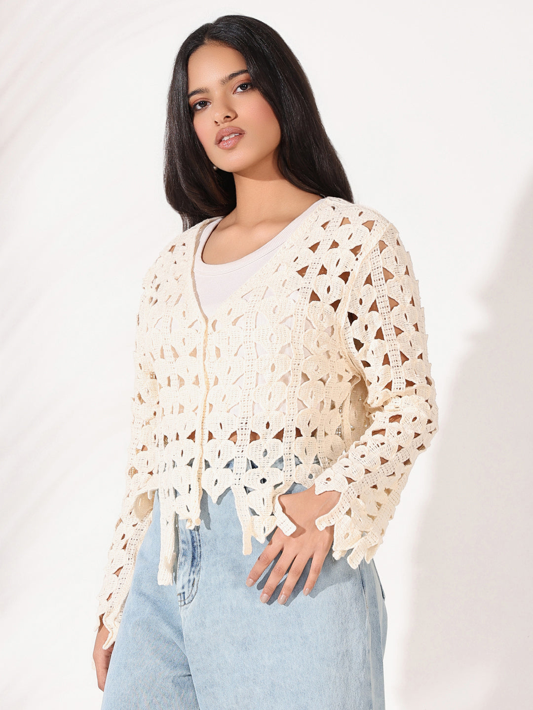 Women Cream Solid Crochet Top