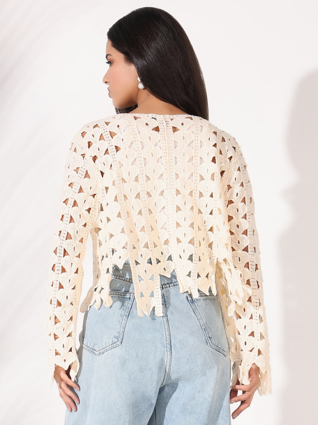 Women Cream Solid Crochet Top