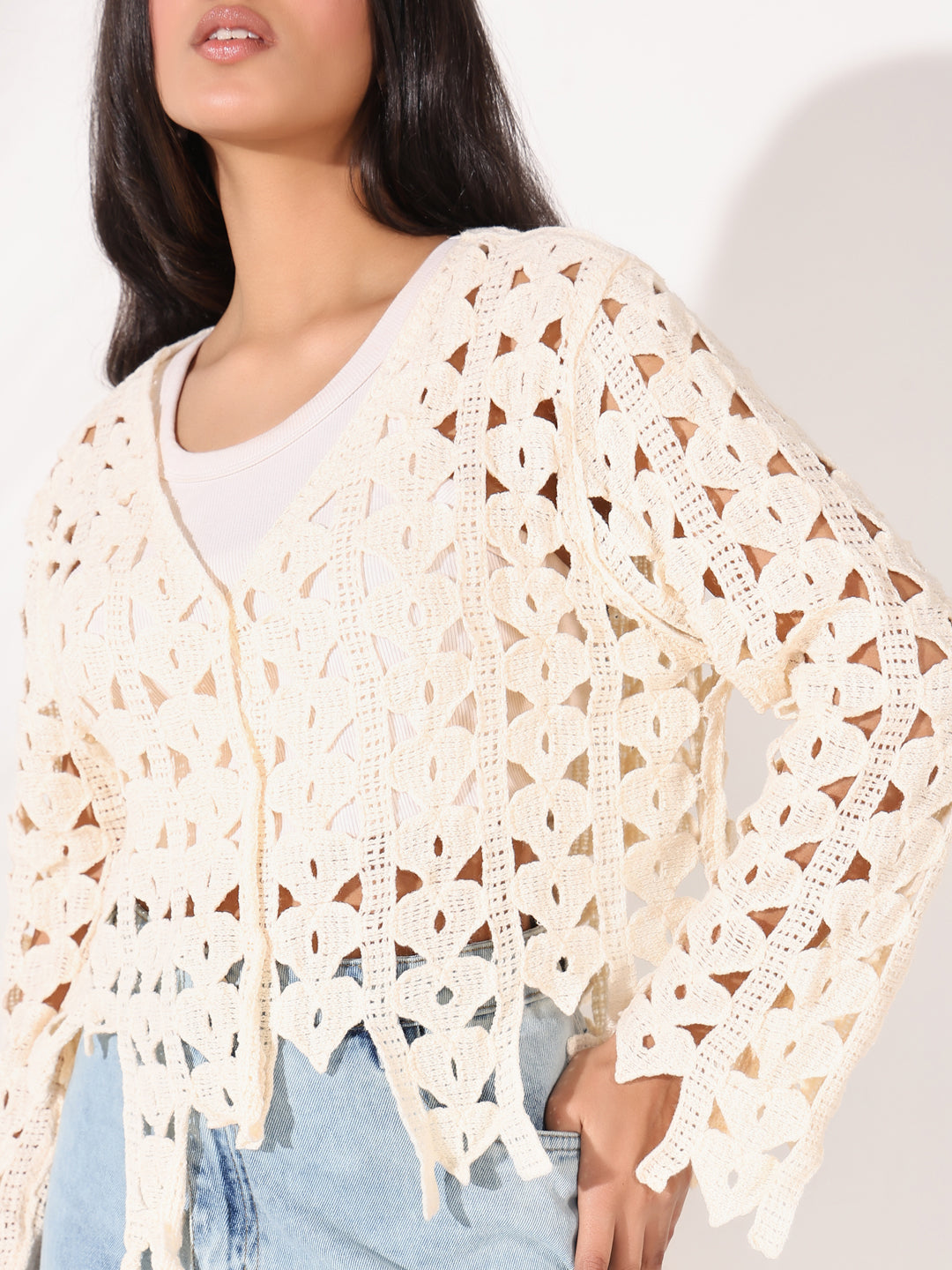 Women Cream Solid Crochet Top