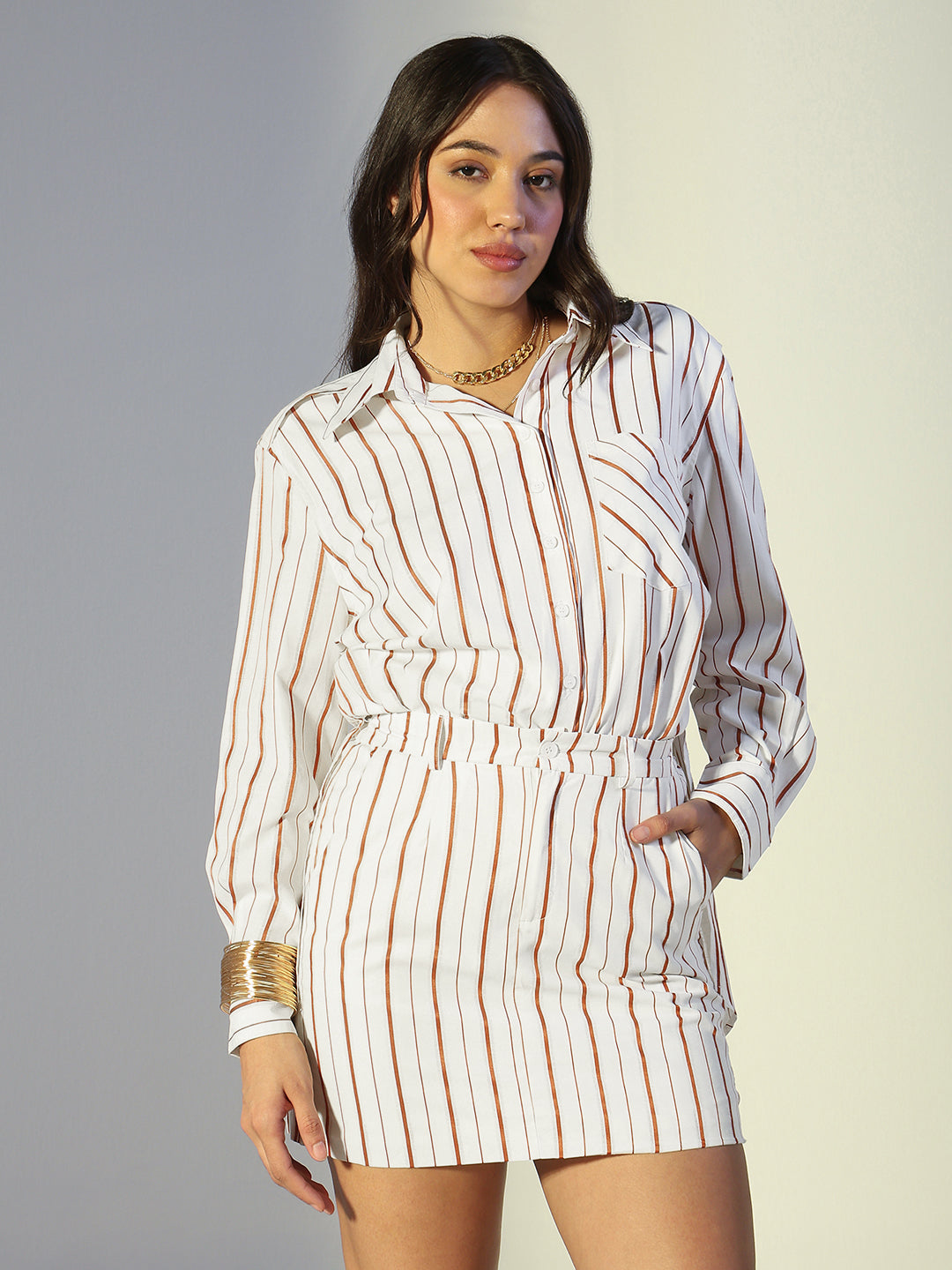 Women's Striped Off-White & Orange Mini Shirt Dress