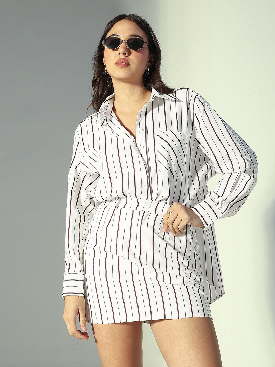 Women's Striped Off-White & Purple Mini Shirt Dress