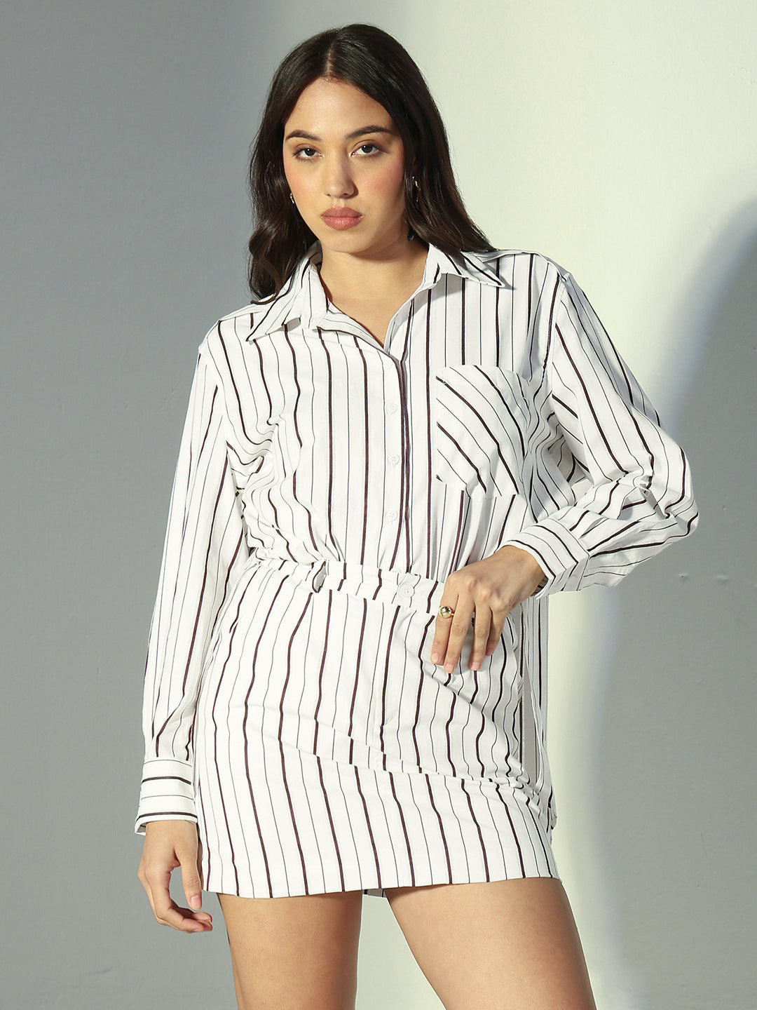 Women's Striped Off-White & Purple Mini Shirt Dress