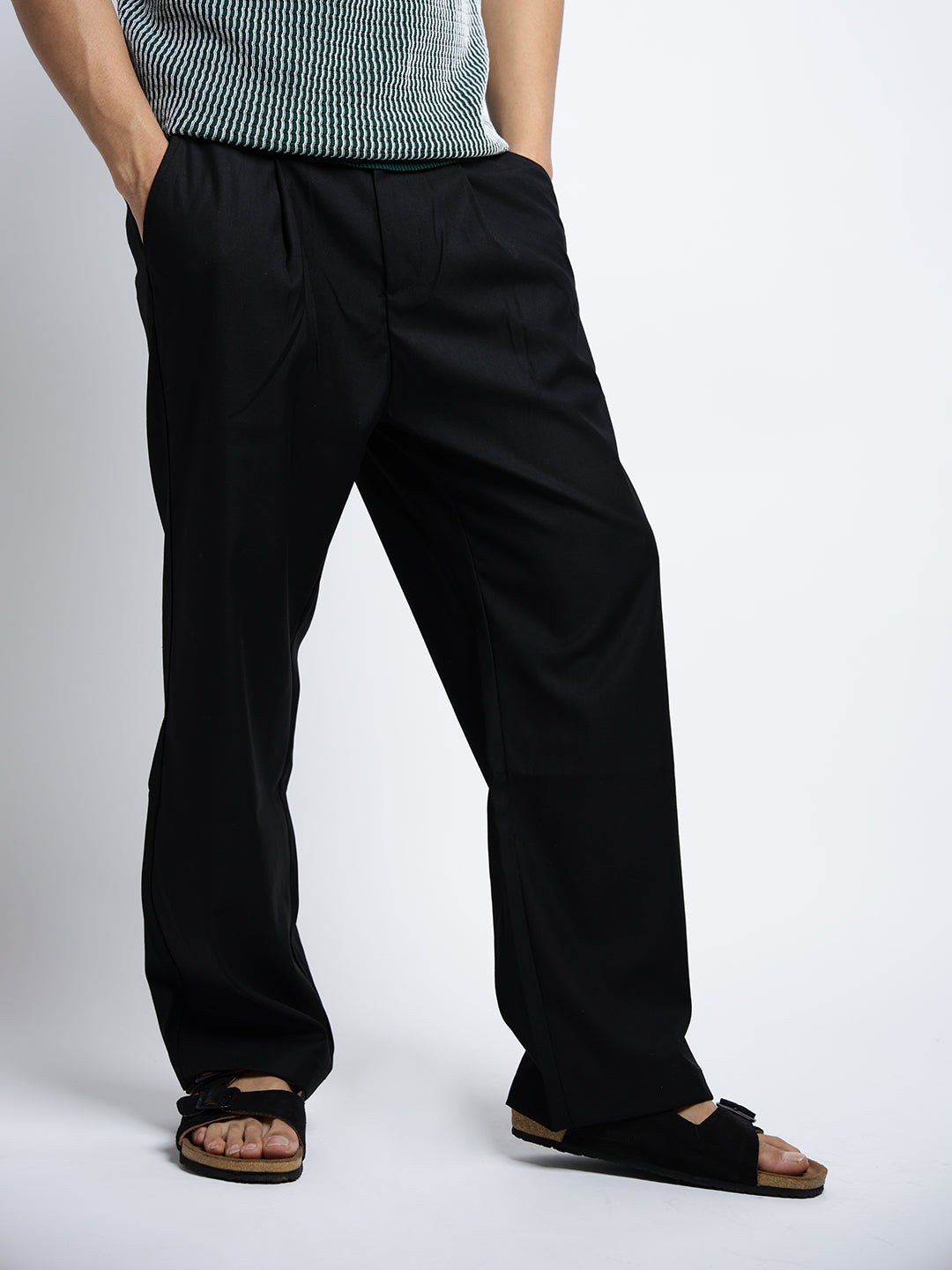Men's Black Pleated Straight Fit Trousers with Stylized Belt Loops