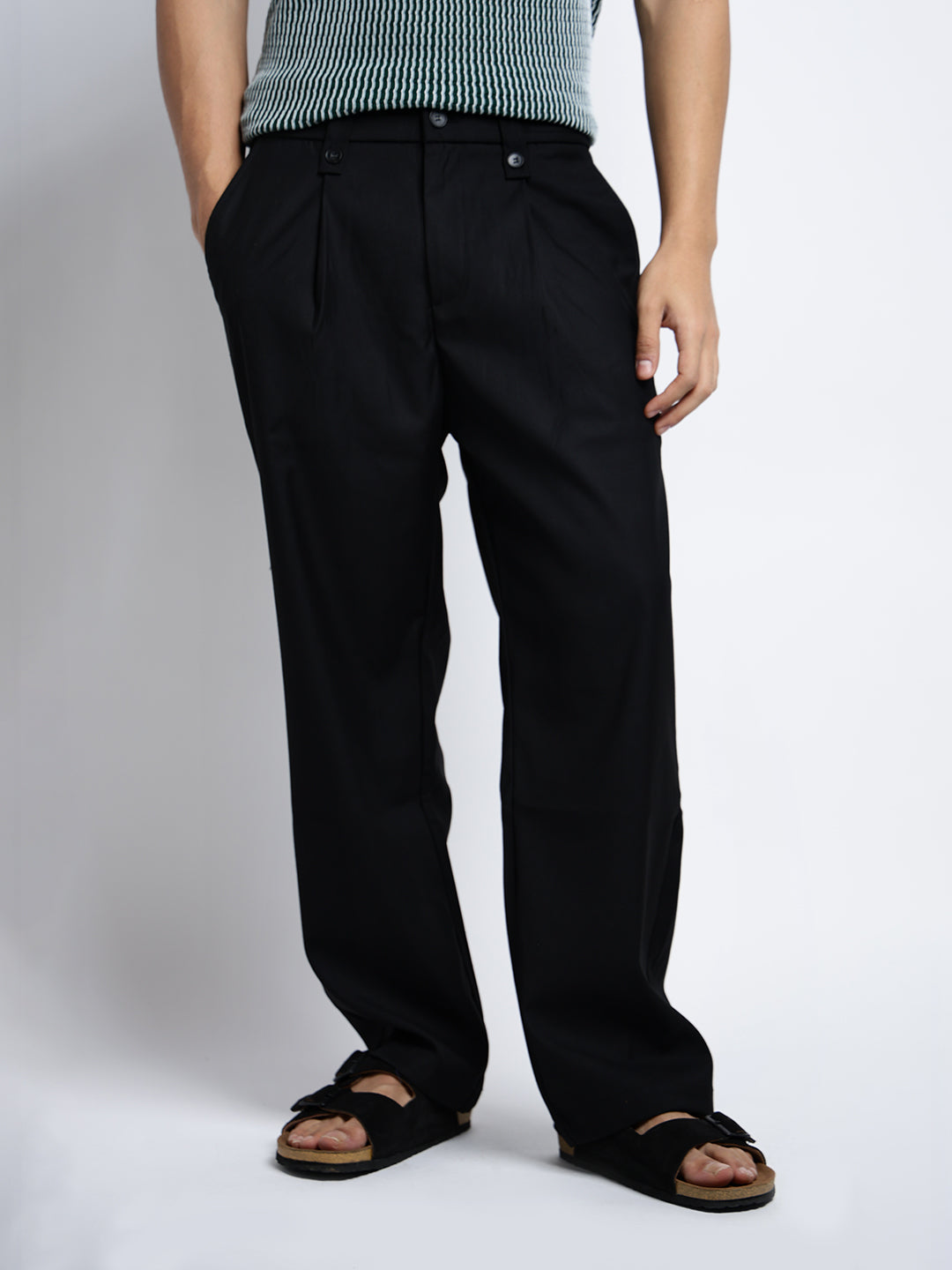 Men's Black Pleated Straight Fit Trousers with Stylized Belt Loops