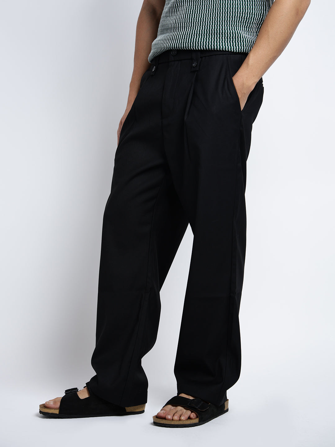 Men's Black Pleated Straight Fit Trousers with Stylized Belt Loops