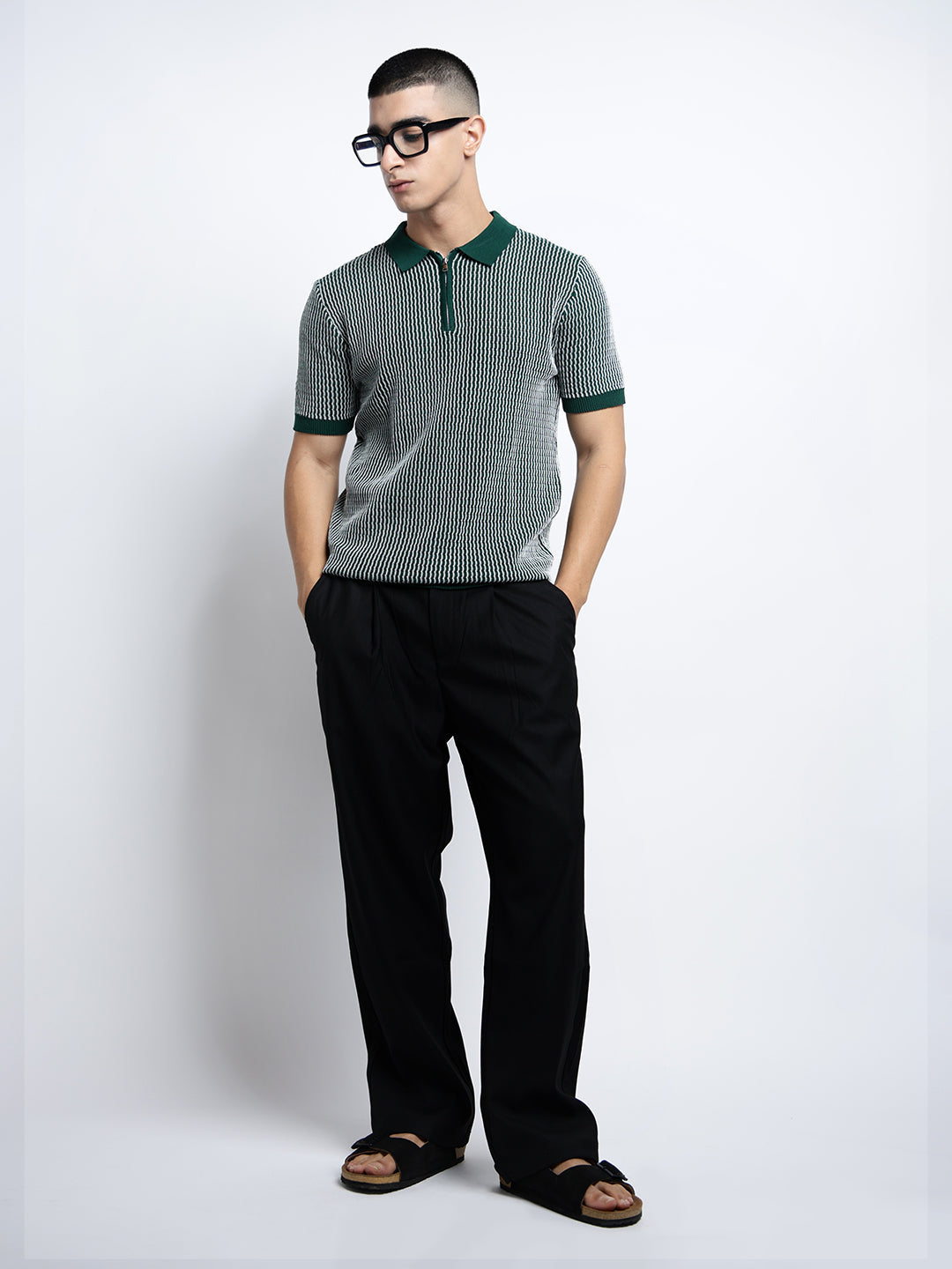 Men's Black Pleated Straight Fit Trousers with Stylized Belt Loops