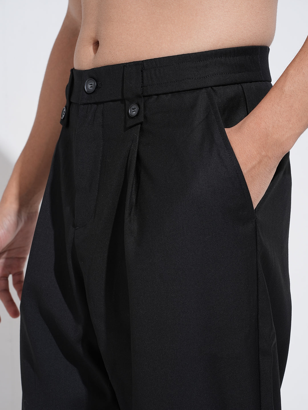 Men's Black Pleated Straight Fit Trousers with Stylized Belt Loops