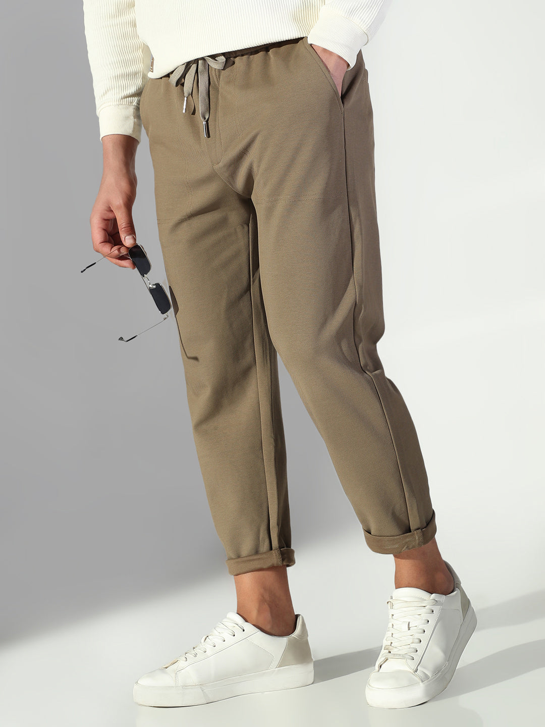 Men Olive Solid Korean Trousers