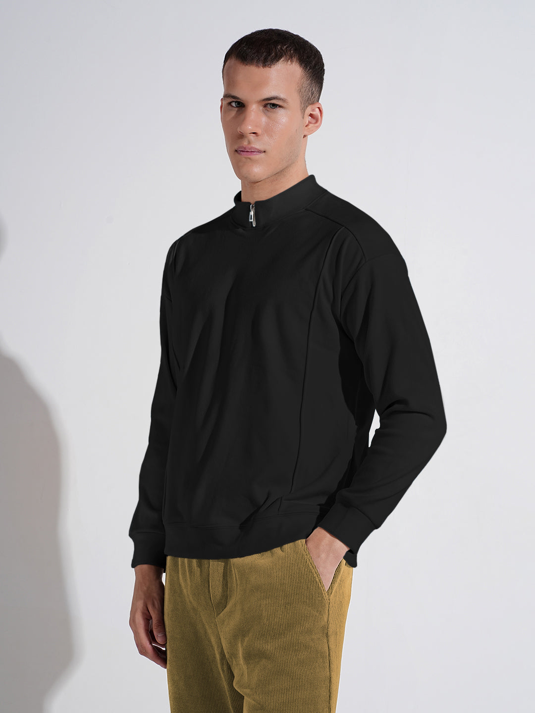 Men's Black Mock Collar Ribbed Sweatshirt