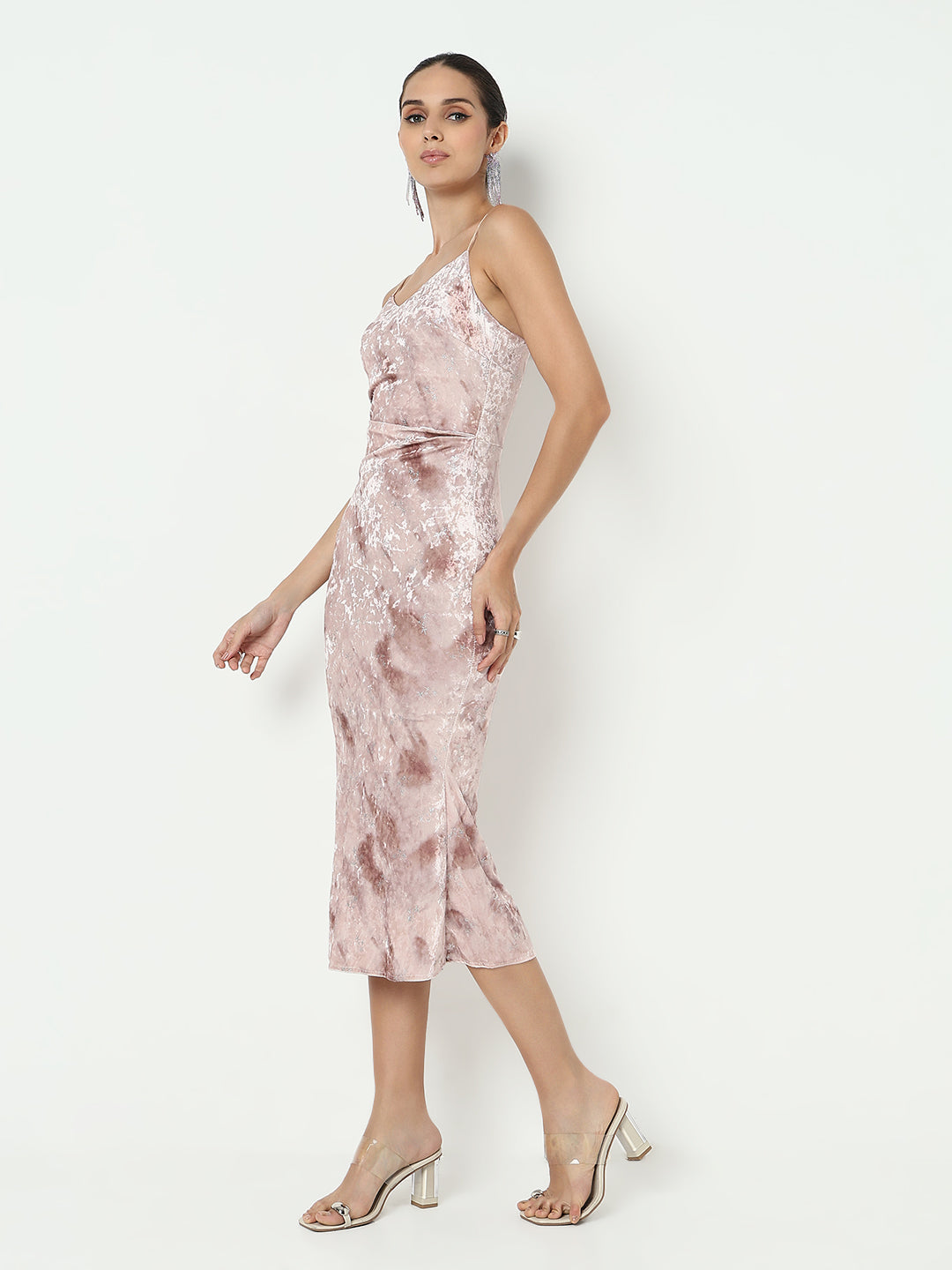 Women's Embellished Peach Velvet Bodycon Dress