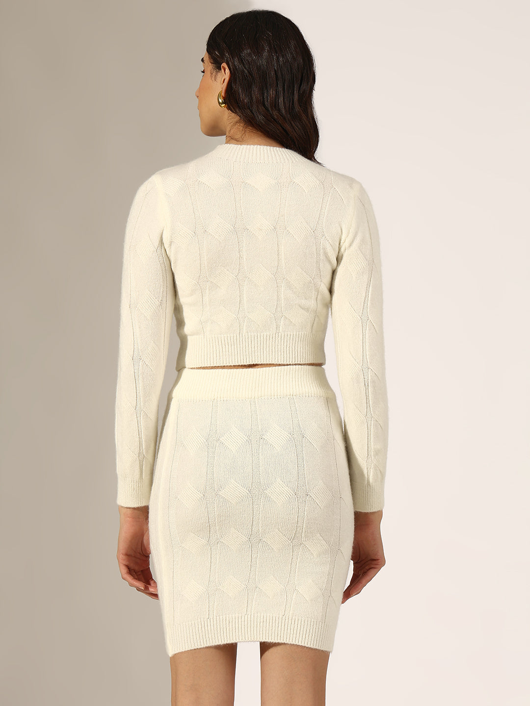 Women's Textured Off-White Knitted Crop Top with Skirt Co-Ord Set