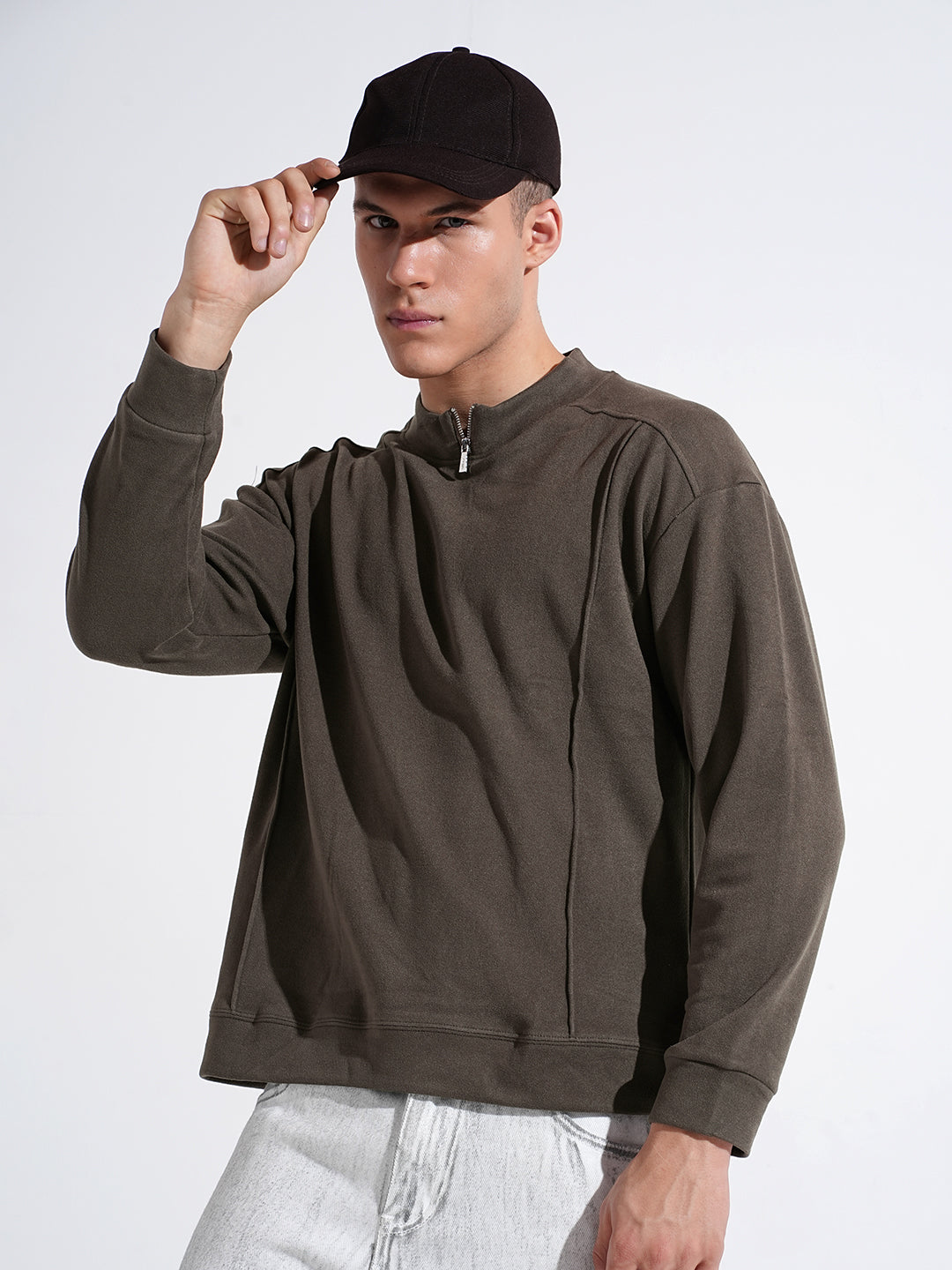 Men's Grey Mock Collar Ribbed Sweatshirt