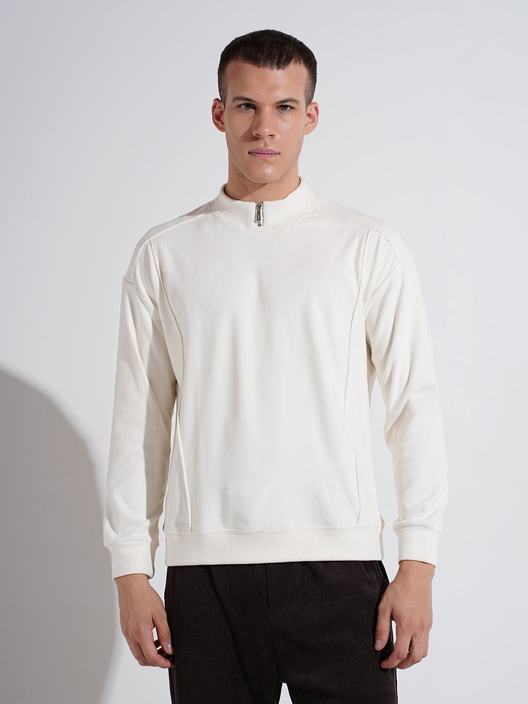 Men's Off White Mock Collar Ribbed Sweatshirt