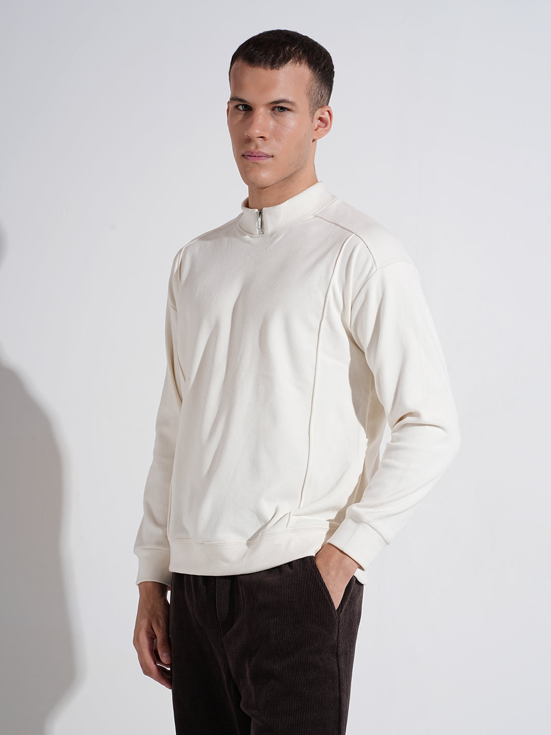 Men's Off White Mock Collar Ribbed Sweatshirt