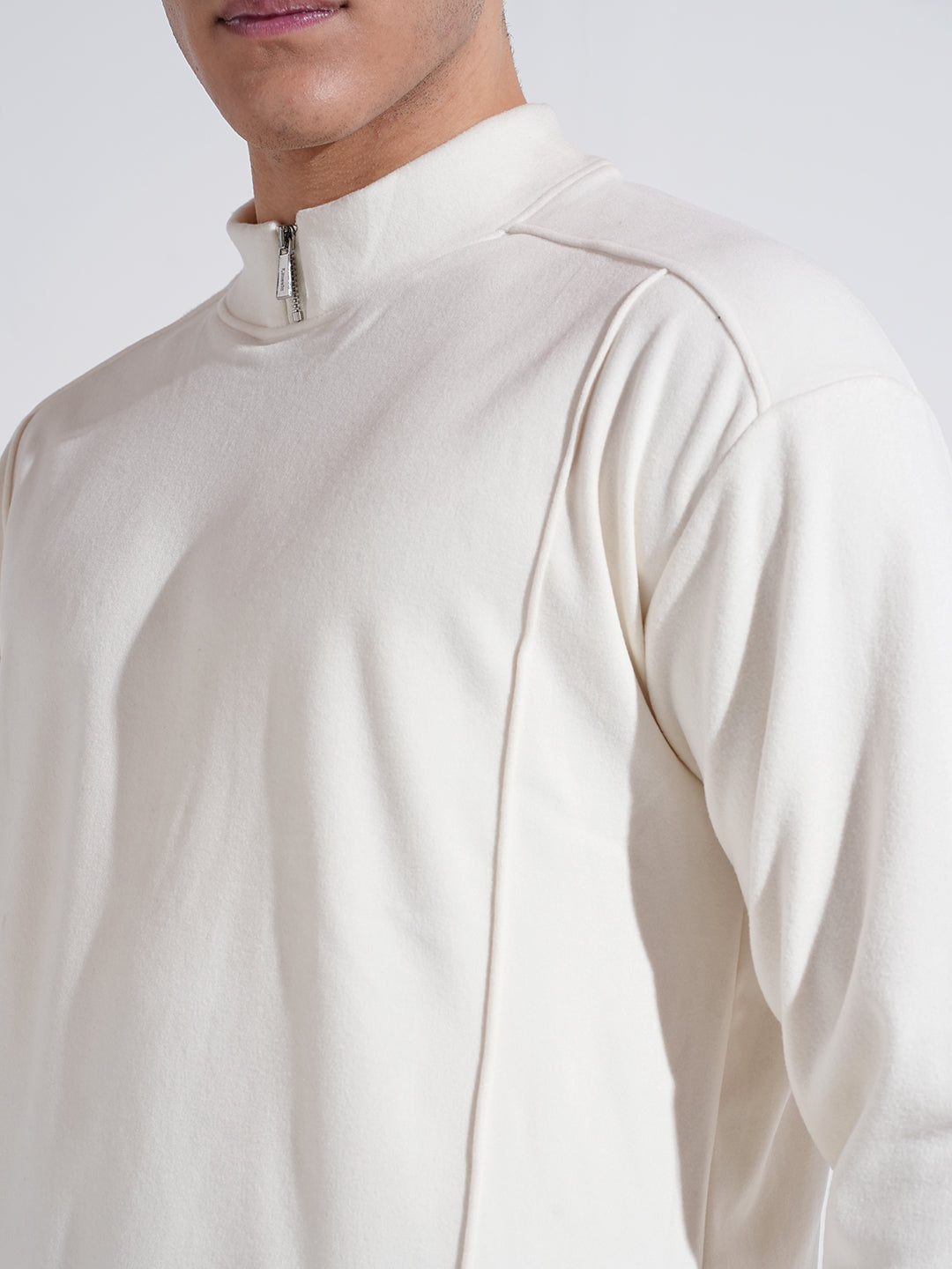Men's Off White Mock Collar Ribbed Sweatshirt