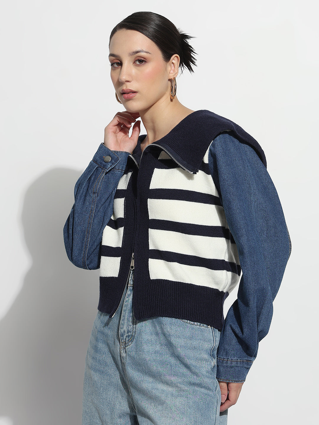 Women's Striped Blue Ribbed & Denim Panel Zipper Jacket
