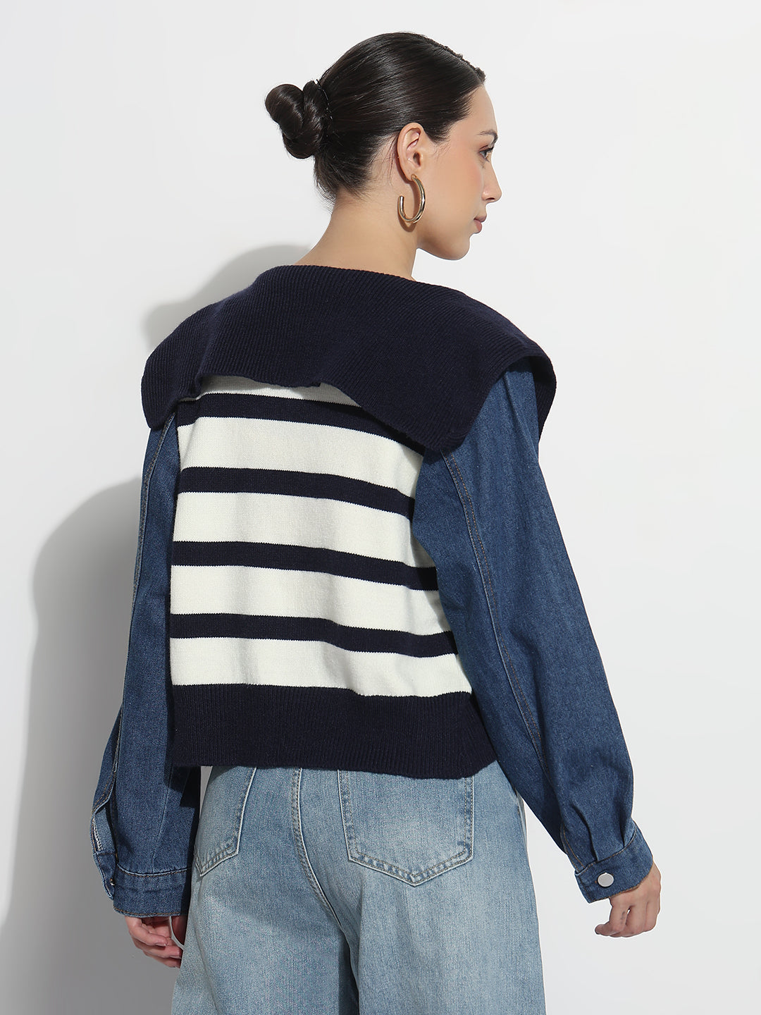 Women's Striped Blue Ribbed & Denim Panel Zipper Jacket