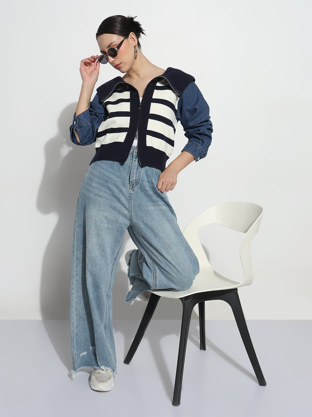 Women's Striped Blue Ribbed & Denim Panel Zipper Jacket