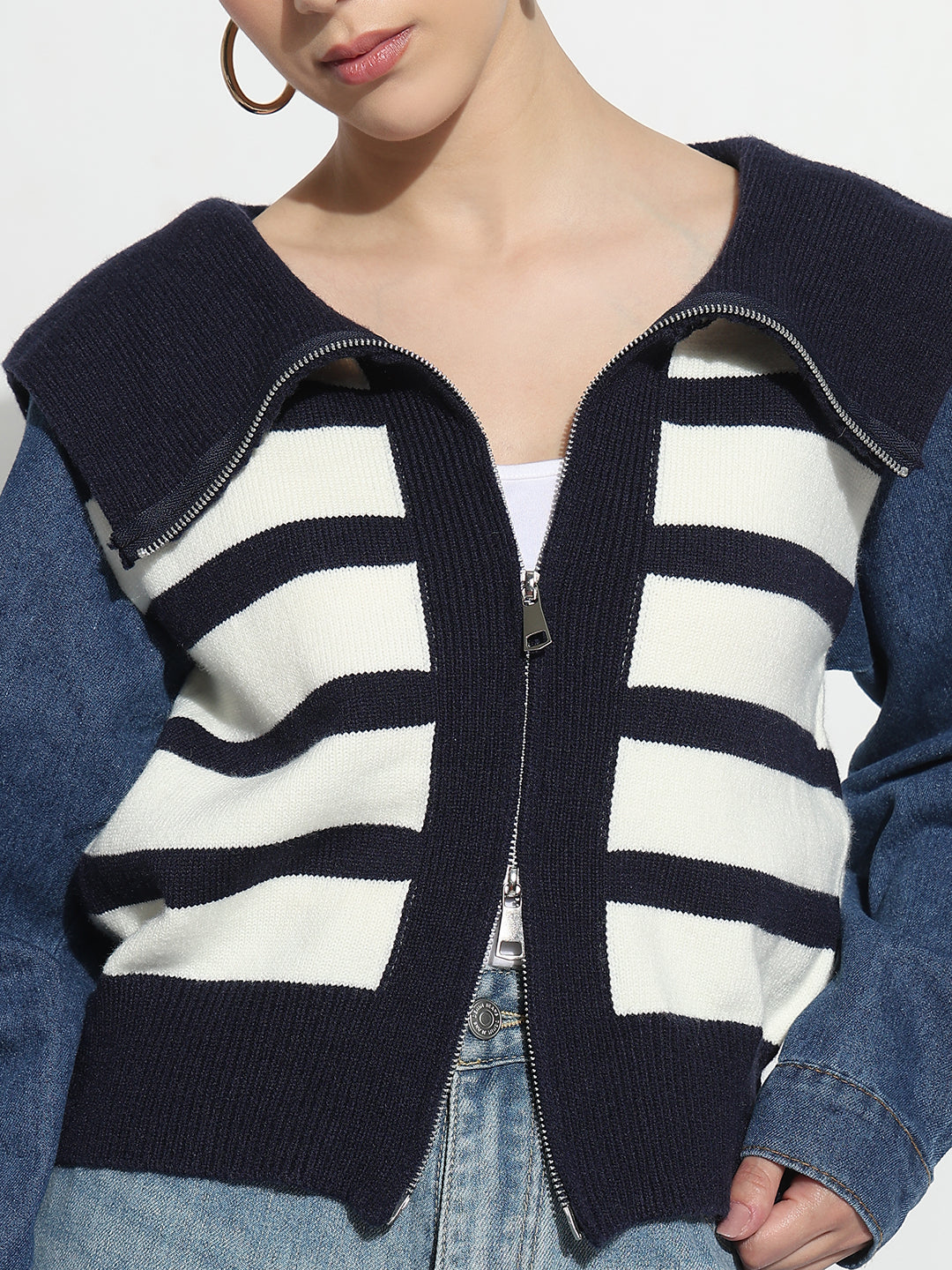 Women's Striped Blue Ribbed & Denim Panel Zipper Jacket