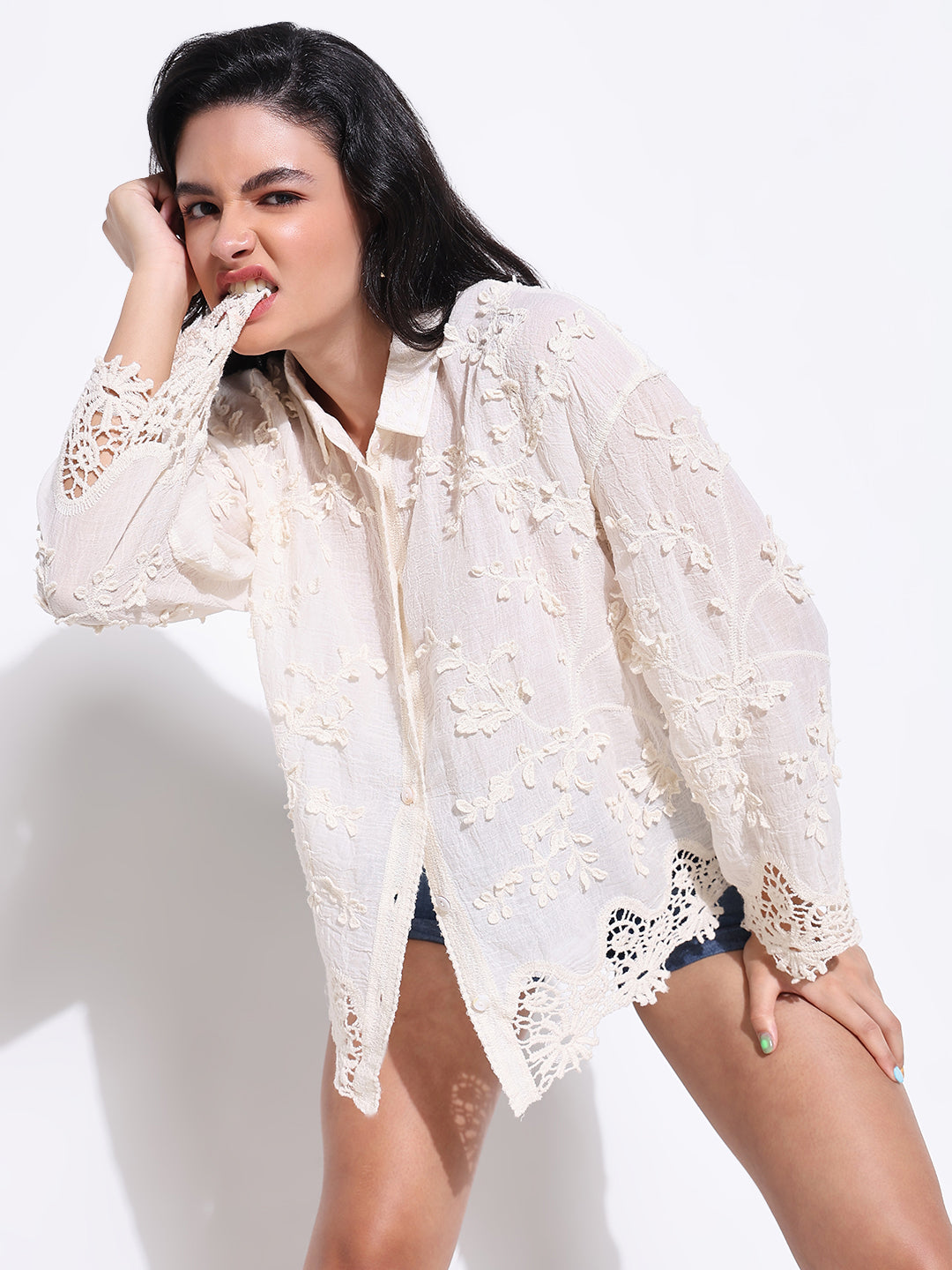 Women Solid Cream Oversized Shirt