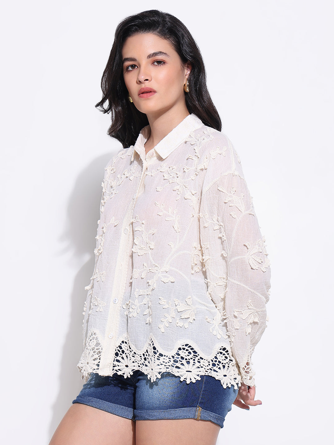 Women Solid Cream Oversized Shirt