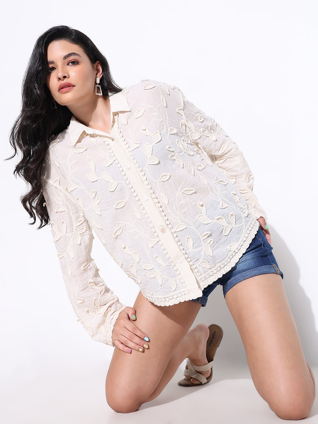 Women Solid Cream Oversized Shirt