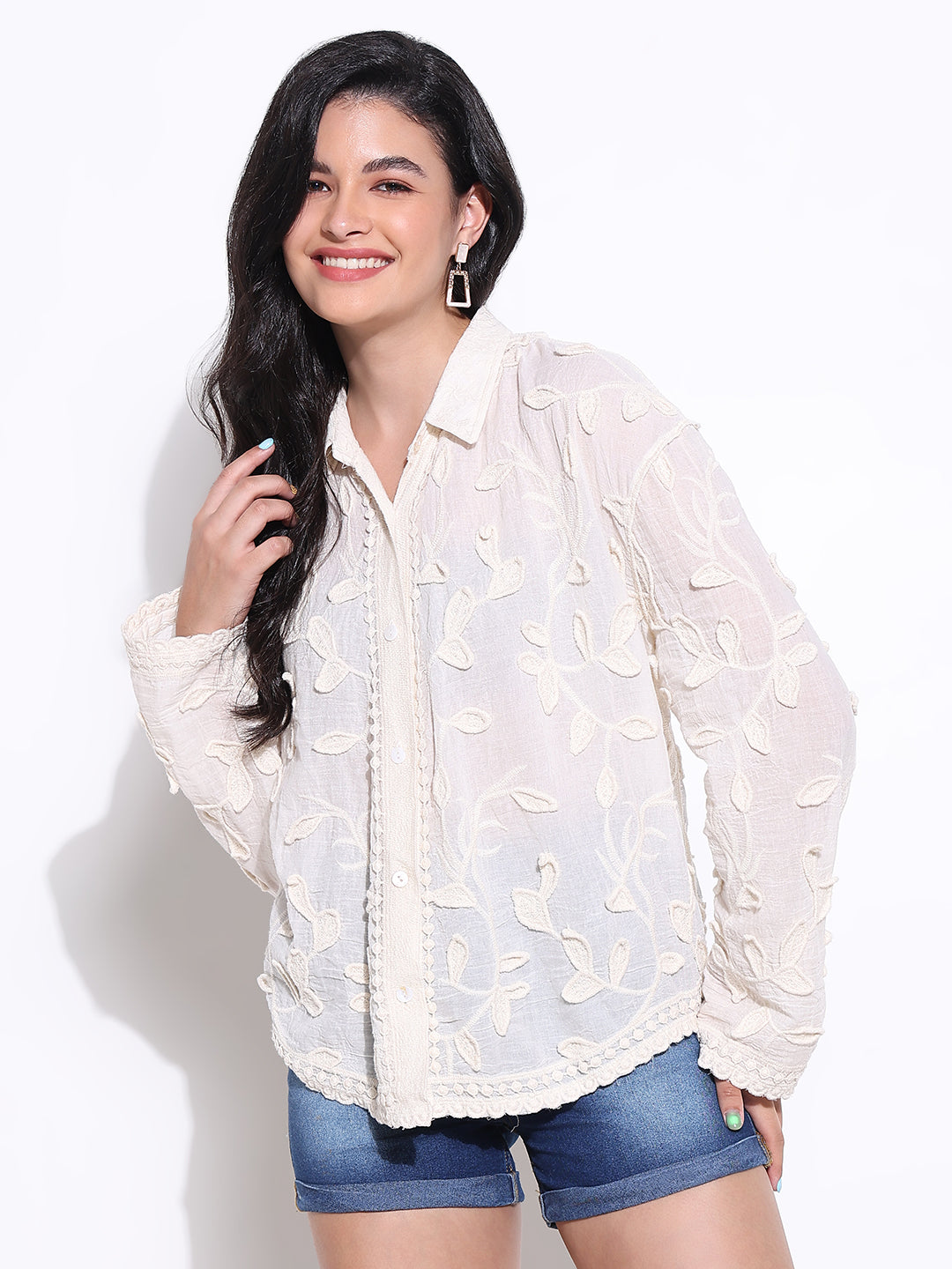 Women Solid Cream Oversized Shirt