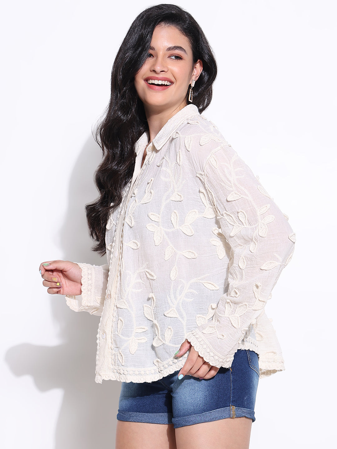 Women Solid Cream Oversized Shirt